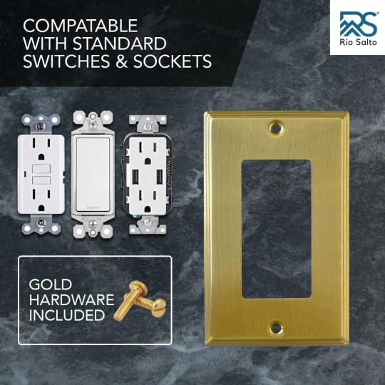 BRASS Metal Gold Outlet Cover or Decorative Light Switch Cover STANDARD SIZE Decorator Decora Light Switch Wall Plate Home Improvement Rocker/Outlet 1-Gang 10-Pack Modern