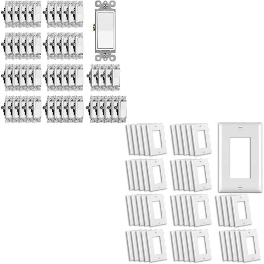 (50 Pack) Decorator Wall Light Switch, Single Pole Switch with Wall Plates, 15A 120/277V, White
