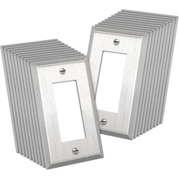 Decorator Metal Wall Plate, 20 Pack Stainless Steel Outlet Receptacle Covers, 1-Gang Switch Plates, Corrosion Resistant, 430 SS, Standard Size, Brushed Finish, Silver