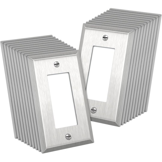 Decorator Metal Wall Plate, 20 Pack Stainless Steel Outlet Receptacle Covers, 1-Gang Switch Plates, Corrosion Resistant, 430 SS, Standard Size, Brushed Finish, Silver
