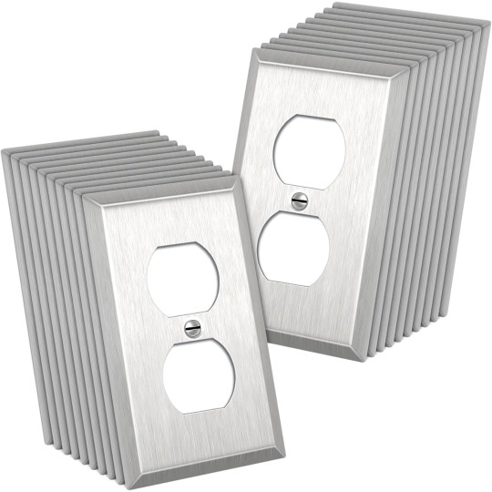 Duplex Receptacle Metal Wall Plate, 1-Gang Stainless Steel Outlet Covers, 20 Pack Corrosion Resistant Switch Plates, 430 SS, Standard Size, Brushed Finish, Silver