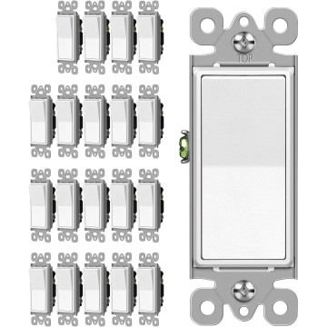3 Way Matte White Decorator Paddle Rocker Wall Light Switch, Single Pole or Three Way, 15A 120/277V, On/Off Interrupter, 20 Pack
