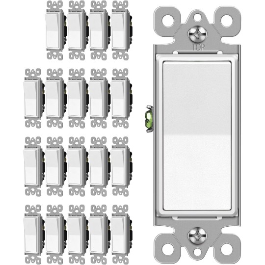 3 Way Matte White Decorator Paddle Rocker Wall Light Switch, Single Pole or Three Way, 15A 120/277V, On/Off Interrupter, 20 Pack