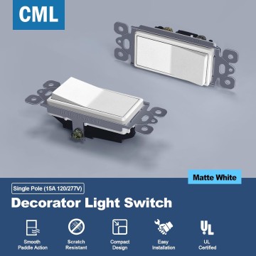 Matte White Decorator Wall Light Switch, Single Pole Rocker Paddle Switch, 15A 120/277V, 3-Year Warranty, UL Listed