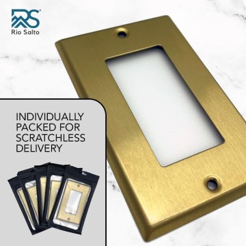 BRASS Metal Gold Light Switch Wall Plate or Outlet Cover Wall Plate MIDSIZE Single Receptacle Wallplate Covers 1 Gang Decoration Brushed Brass 4.92" x 3.15" Rocker 1-Pack