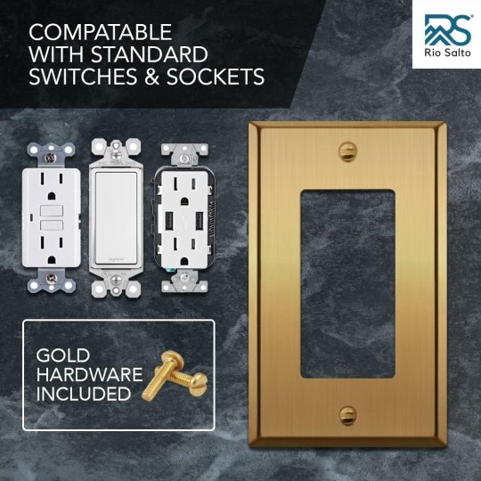 BRASS Metal Gold Light Switch Wall Plate or Outlet Cover Wall Plate MIDSIZE Single Receptacle Wallplate Covers 1 Gang Decoration Brushed Brass 4.92" x 3.15" Rocker 1-Pack