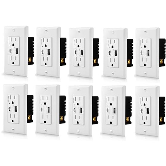 USB C Outlets,24W(4.8A,5V) with Type C USB Wall Charger Receptacles,Duplex 15Amp,PD &amp; QC 3.0,Wall Plate Included,Compatible with iPhone/Samsung/iPad,UL Listed,White,10PK