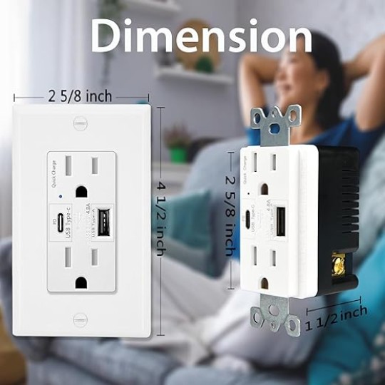 USB C Outlets,24W(4.8A,5V) with Type C USB Wall Charger Receptacles,Duplex 15Amp,PD &amp; QC 3.0,Wall Plate Included,Compatible with iPhone/Samsung/iPad,UL Listed,White,10PK