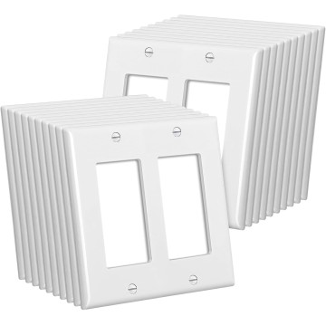 2-Gang Decorator Wall Plates, 20 Pack Electrical Outlet Receptacle Covers, Double Switch Plates, Standard Size 4.5”x4.57”, Impact Resistant, UL Listed, White