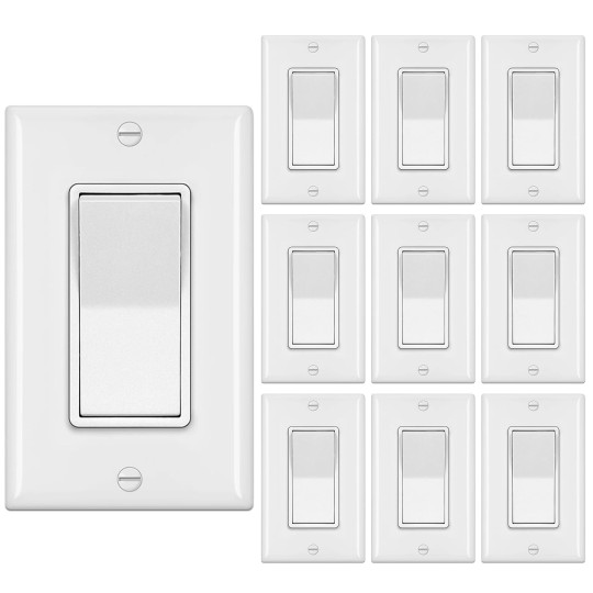[10 Pack] 4-Way Decorator Wall Light Switch with Wallplates, 15A 120/277V, On/Off Paddle Rocker Interrupter, Self-Grounding, UL Listed, White