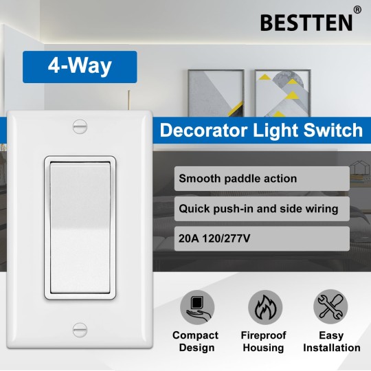 [10 Pack] 4-Way Decorator Wall Light Switch with Wallplates, 15A 120/277V, On/Off Paddle Rocker Interrupter, Self-Grounding, UL Listed, White