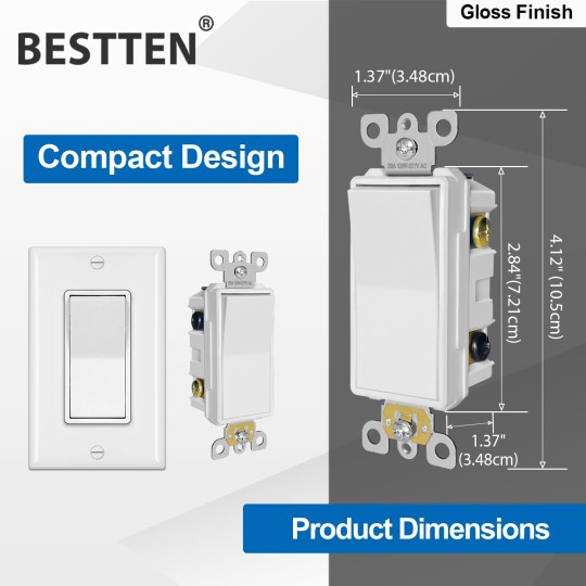 [10 Pack] 4-Way Decorator Wall Light Switch with Wallplates, 15A 120/277V, On/Off Paddle Rocker Interrupter, Self-Grounding, UL Listed, White