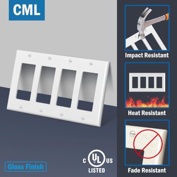 4-Gang Decorator Wall Plates, 4 Pack Electrical Outlet Receptacle Covers and Switch Plates, Standard Size 4.5”x8.23”, Impact Resistant, UL Listed, White