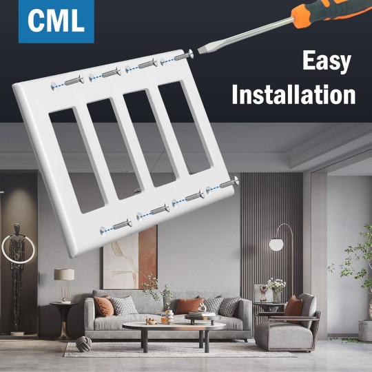 4-Gang Decorator Wall Plates, 4 Pack Electrical Outlet Receptacle Covers and Switch Plates, Standard Size 4.5”x8.23”, Impact Resistant, UL Listed, White