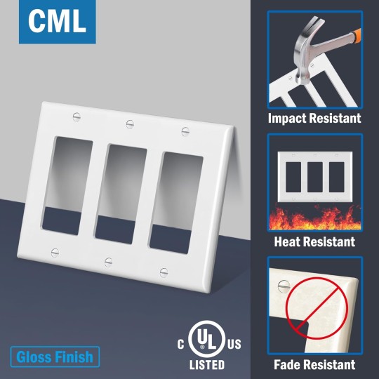 3-Gang Decorator Wall Plates, 4 Pack Electrical Outlet Receptacle Covers and Switch Plates, Standard Size 4.5”x6.38”, Impact Resistant, UL Listed, White