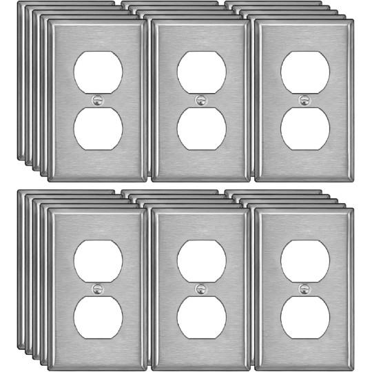 [30 Pack] 1-Gang Duplex Receptacle Metal Wall Plate with Protective Film, Brushed Finish, Corrosion-Resistant Stainless Steel Outlet Cover, Standard Size, Silver