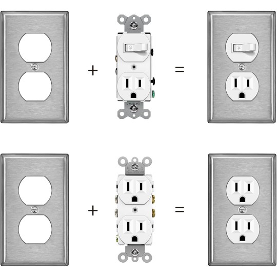 [30 Pack] 1-Gang Duplex Receptacle Metal Wall Plate with Protective Film, Brushed Finish, Corrosion-Resistant Stainless Steel Outlet Cover, Standard Size, Silver