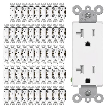 20 Amp Decorator Receptacle Outlet with Tamper Resistant (TR), Standard Electrical Wall Outlet, 20A/125V, UL Listed, White, 50 Pack