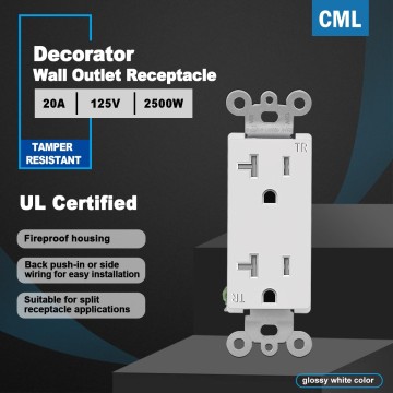 20 Amp Decorator Receptacle Outlet with Tamper Resistant (TR), Standard Electrical Wall Outlet, 20A/125V, UL Listed, White, 50 Pack