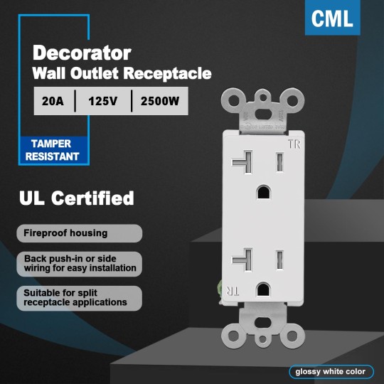 20 Amp Decorator Receptacle Outlet with Tamper Resistant (TR), Standard Electrical Wall Outlet, 20A/125V, UL Listed, White, 50 Pack