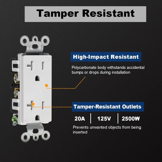 20 Amp Decorator Receptacle Outlet with Tamper Resistant (TR), Standard Electrical Wall Outlet, 20A/125V, UL Listed, White, 50 Pack