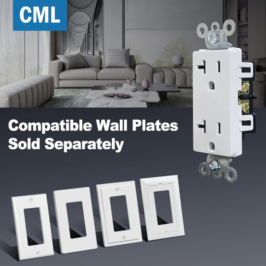 20 Amp Decorator Wall Receptacle, Decor Electrical Outlets, 20A/125V, Residential and Commercial Use, Non-Tamper-Resistant, UL Listed, White, 50 Pack