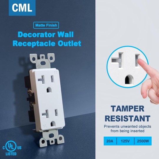 20 Amp Matte White Decorator Receptacle Outlet with Tamper Resistant (TR), 20 Pack Decor Standard Electrical Outlets, 20A/125V, 2-Pole 3-Wire, UL Listed