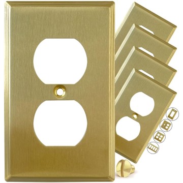 BRASS Metal Gold Outlet Cover Duplex 1-Gang Light Switch Cover Wall Plate Single Duplex Receptacle Wallplate Covers Single Gang Brushed Brass Modern Linear (Duplex 1-Gang 5-Pack)