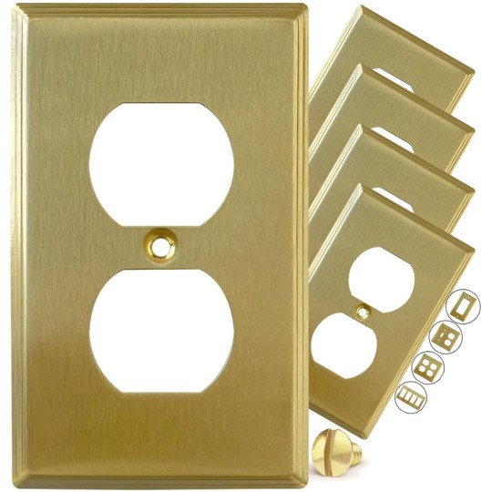 BRASS Metal Gold Outlet Cover Duplex 1-Gang Light Switch Cover Wall Plate Single Duplex Receptacle Wallplate Covers Single Gang Brushed Brass Modern Linear (Duplex 1-Gang 5-Pack)