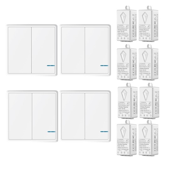Smart Light Switch Receiver Kit, Wireless Light Switch Kit, Light Switch Panel Remotely Control 130ft Indoor 1900ft Outdoor, No Wiring Required without Tearing Wall 4x2-gang Switch 8 Receiver
