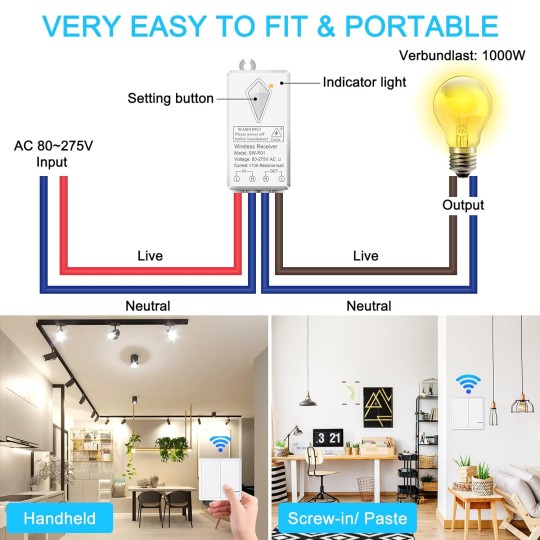 Smart Light Switch Receiver Kit, Wireless Light Switch Kit, Light Switch Panel Remotely Control 130ft Indoor 1900ft Outdoor, No Wiring Required without Tearing Wall 4x2-gang Switch 8 Receiver