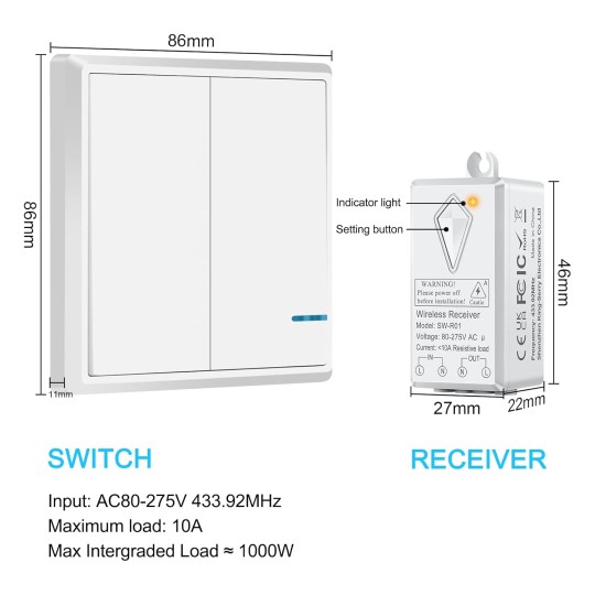 Smart Light Switch Receiver Kit, Wireless Light Switch Kit, Light Switch Panel Remotely Control 130ft Indoor 1900ft Outdoor, No Wiring Required without Tearing Wall 4x2-gang Switch 8 Receiver