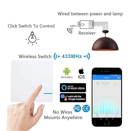 5Pack Portable WiFi Wireless Smart Switch Receiver Kit for Light Lamp with Remote Control Wire Free Receiver No Wiring Battery Required, Work with Alexa, Echo,Google Home,Tuya. Smart Life App