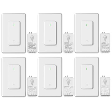 6PK Wireless Lights Switch and Receiver Kit, Wall Mounted Light Switch, Wireless Light Switch, Buckle Design & Removable, No Wiring, Programmable 1300ft Remote Control Lighting LED Light Lamp