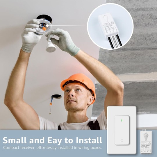 6PK Wireless Lights Switch and Receiver Kit, Wall Mounted Light Switch, Wireless Light Switch, Buckle Design & Removable, No Wiring, Programmable 1300ft Remote Control Lighting LED Light Lamp