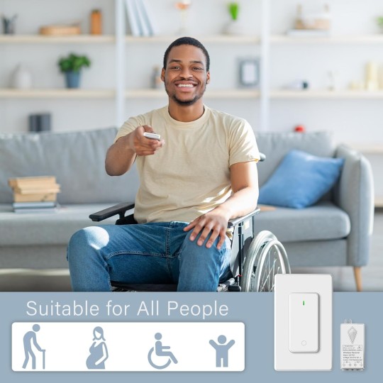 6PK Wireless Lights Switch and Receiver Kit, Wall Mounted Light Switch, Wireless Light Switch, Buckle Design & Removable, No Wiring, Programmable 1300ft Remote Control Lighting LED Light Lamp