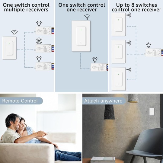 6PK Wireless Lights Switch and Receiver Kit, Wall Mounted Light Switch, Wireless Light Switch, Buckle Design & Removable, No Wiring, Programmable 1300ft Remote Control Lighting LED Light Lamp