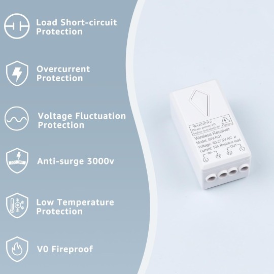 6PK Wireless Lights Switch and Receiver Kit, Wall Mounted Light Switch, Wireless Light Switch, Buckle Design & Removable, No Wiring, Programmable 1300ft Remote Control Lighting LED Light Lamp