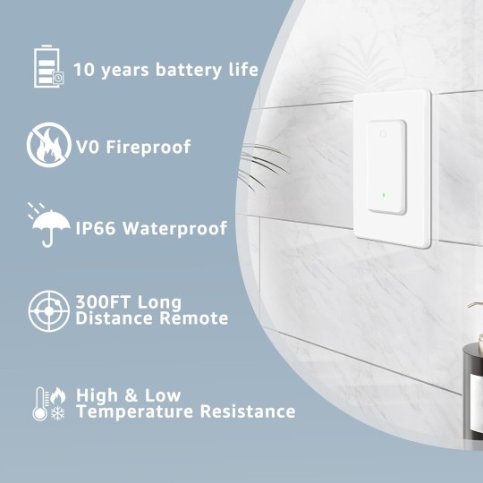 6PK Wireless Lights Switch and Receiver Kit, Wall Mounted Light Switch, Wireless Light Switch, Buckle Design & Removable, No Wiring, Programmable 1300ft Remote Control Lighting LED Light Lamp