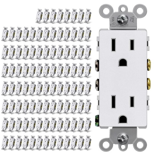 (100 Pack) 15 Amp Matte White Decorator Wall Outlet, Decor Standard Electrical Receptacle, 15A/125V, Non-Tamper Resistant, 2 Pole 3 Wire, UL Listed