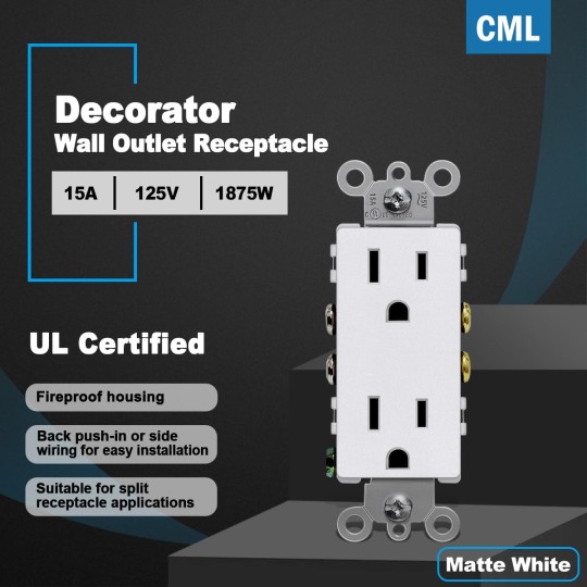 (100 Pack) 15 Amp Matte White Decorator Wall Outlet, Decor Standard Electrical Receptacle, 15A/125V, Non-Tamper Resistant, 2 Pole 3 Wire, UL Listed