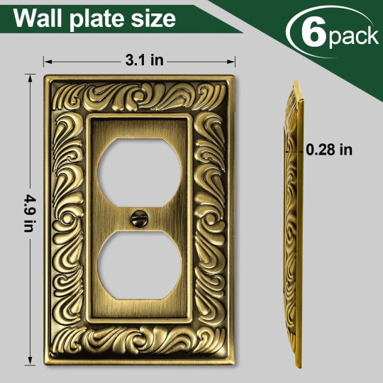 Antique Brass Duplex Outlet Cover Paisley Pattern Decorative Wall Plates for Electrical Outlet, Metal Switch Plates and Receptacle Cover for Kitchen Bathroom (1 Gang Duplex Outlet-6 Pack)