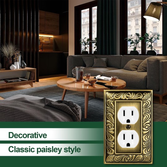 Antique Brass Duplex Outlet Cover Paisley Pattern Decorative Wall Plates for Electrical Outlet, Metal Switch Plates and Receptacle Cover for Kitchen Bathroom (1 Gang Duplex Outlet-6 Pack)