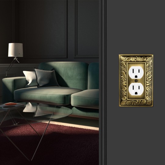Antique Brass Duplex Outlet Cover Paisley Pattern Decorative Wall Plates for Electrical Outlet, Metal Switch Plates and Receptacle Cover for Kitchen Bathroom (1 Gang Duplex Outlet-6 Pack)