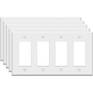 (5 Pack) 4-Gang Decora Switch Cover, Decorator Light Switch or Receptacle Outlet Wall Plate, White Painted Metal, 4-Gang Standard Size 4.5" x 8.2", Corrosion Resistant, Made of Unbreakable Metal