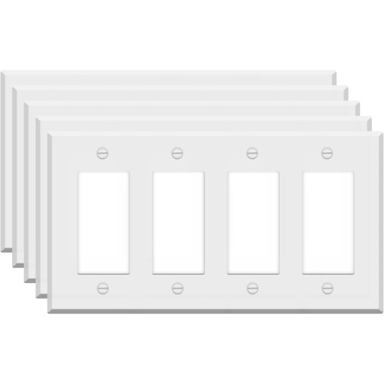 (5 Pack) 4-Gang Decora Switch Cover, Decorator Light Switch or Receptacle Outlet Wall Plate, White Painted Metal, 4-Gang Standard Size 4.5" x 8.2", Corrosion Resistant, Made of Unbreakable Metal