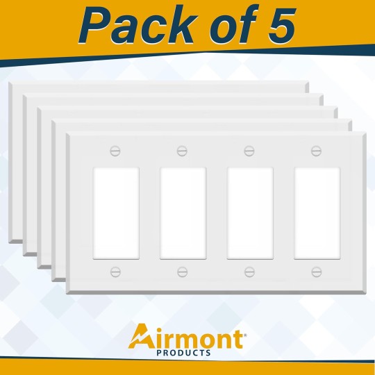 (5 Pack) 4-Gang Decora Switch Cover, Decorator Light Switch or Receptacle Outlet Wall Plate, White Painted Metal, 4-Gang Standard Size 4.5" x 8.2", Corrosion Resistant, Made of Unbreakable Metal