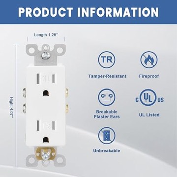 100-Pack of Tamper-Resistant Decorator Wall Receptacles, UL Listed, Residential Grade, Self-Grounding, 2-Pole, 15A 125V, 1875W, White