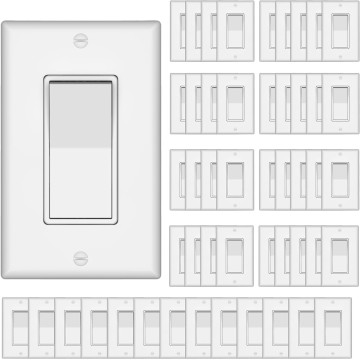 Single Pole Decorator Wall Light Switch with Wall Plate, 15A 120V/277V, On/Off Paddle Switch, Residential Grade - UL Listed, White
