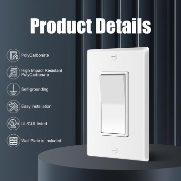 Single Pole Decorator Wall Light Switch with Wall Plate, 15A 120V/277V, On/Off Paddle Switch, Residential Grade - UL Listed, White